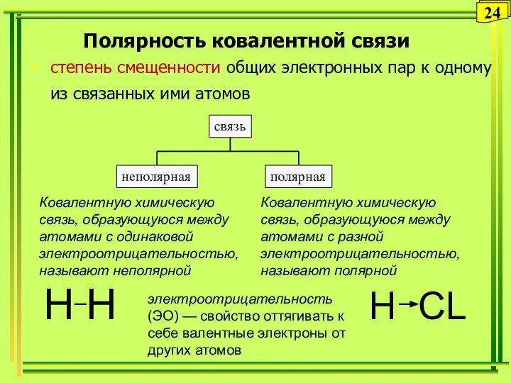 Полярность ковалентной связи степень смещенности общих электронных пар к одному из