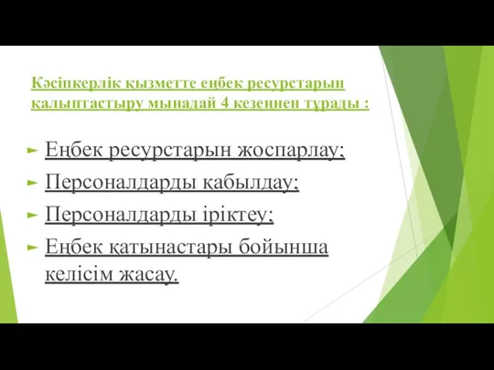 Кәсіпкерлік қызметте еңбек ресурстарын қалыптастыру мынадай 4 кезеңнен тұрады : Еңбек