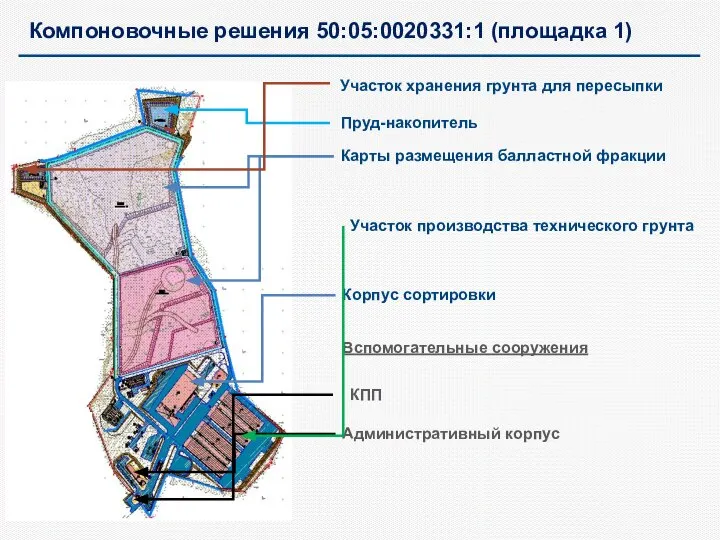 Карты размещения балластной фракции Участок производства технического грунта Корпус сортировки Административный