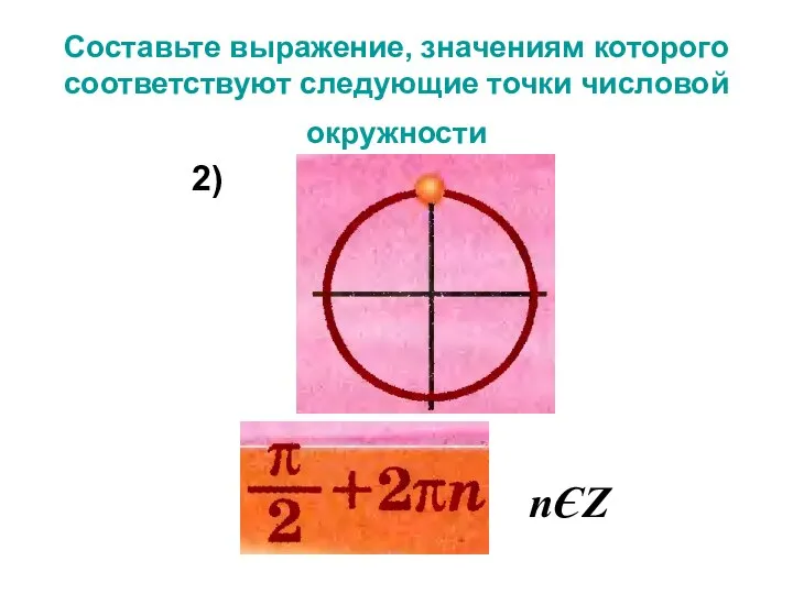 Составьте выражение, значениям которого соответствуют следующие точки числовой окружности nЄZ 2)