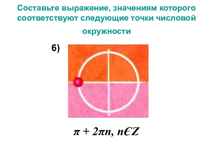 Составьте выражение, значениям которого соответствуют следующие точки числовой окружности π + 2πn, nЄZ 6)