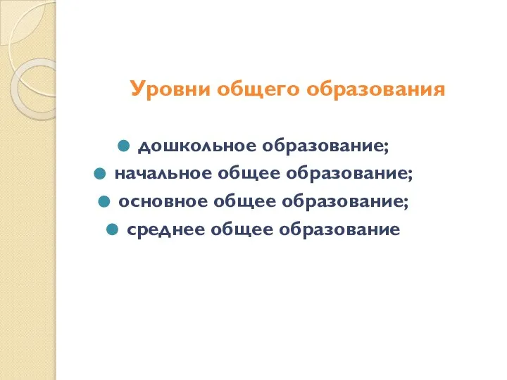 Уровни общего образования дошкольное образование; начальное общее образование; основное общее образование; среднее общее образование