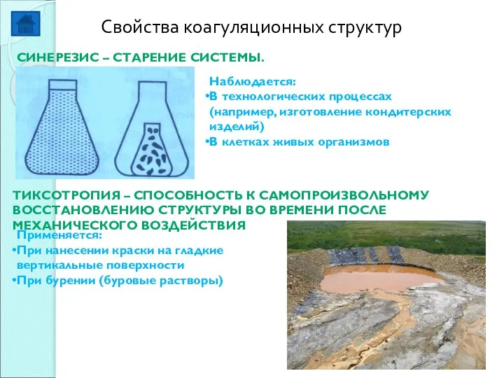 Свойства коагуляционных структур СИНЕРЕЗИС – СТАРЕНИЕ СИСТЕМЫ. ТИКСОТРОПИЯ – СПОСОБНОСТЬ К