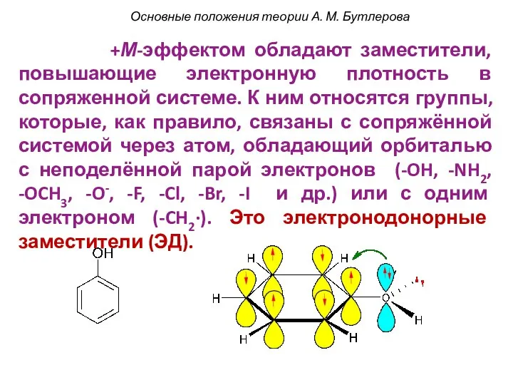 +М-эффектом обладают заместители, повышающие электронную плотность в сопряженной системе. К ним