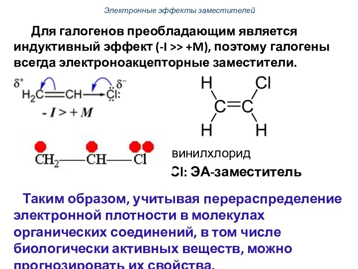 Для галогенов преобладающим является индуктивный эффект (-I >> +M), поэтому галогены