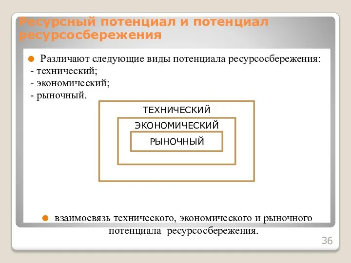 Различают следующие виды потенциала ресурсосбережения: - технический; - экономический; - рыночный.