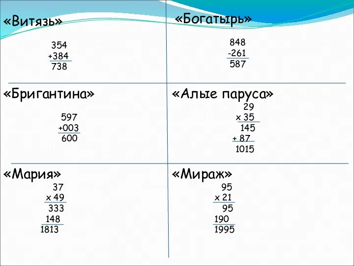 «Витязь» 354 +384 738 «Богатырь» 848 -261 587 «Бригантина» 597 +003