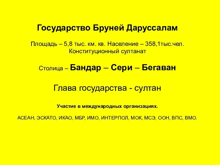 Государство Бруней Даруссалам Площадь – 5,8 тыс. км. кв. Население –