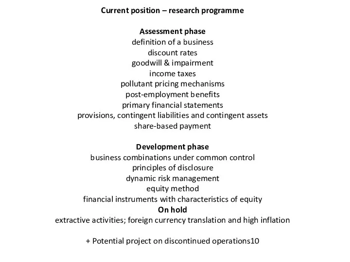 Current position – research programme Assessment phase definition of a business