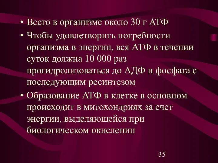 Всего в организме около 30 г АТФ Чтобы удовлетворить потребности организма