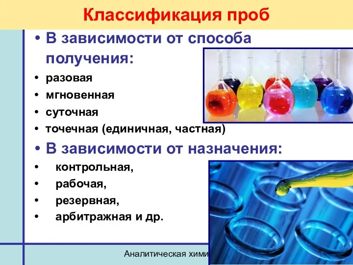 Аналитическая химия - 1 Классификация проб В зависимости от способа получения: