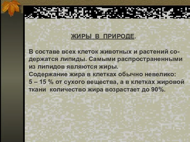 ЖИРЫ В ПРИРОДЕ. В составе всех клеток животных и растений со-