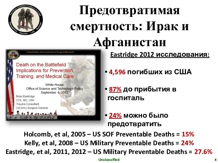 Предотвратимая смертность: Ирак и Афганистан Eastridge 2012 исследования: 4,596 погибших из