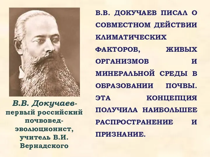 В.В. ДОКУЧАЕВ ПИСАЛ О СОВМЕСТНОМ ДЕЙСТВИИ КЛИМАТИЧЕСКИХ ФАКТОРОВ, ЖИВЫХ ОРГАНИЗМОВ И