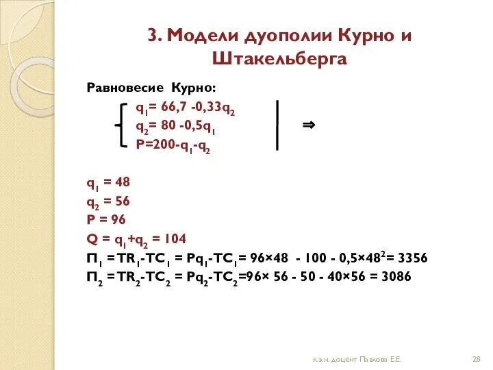 3. Модели дуополии Курно и Штакельберга Равновесие Курно: q1= 66,7 -0,33q2