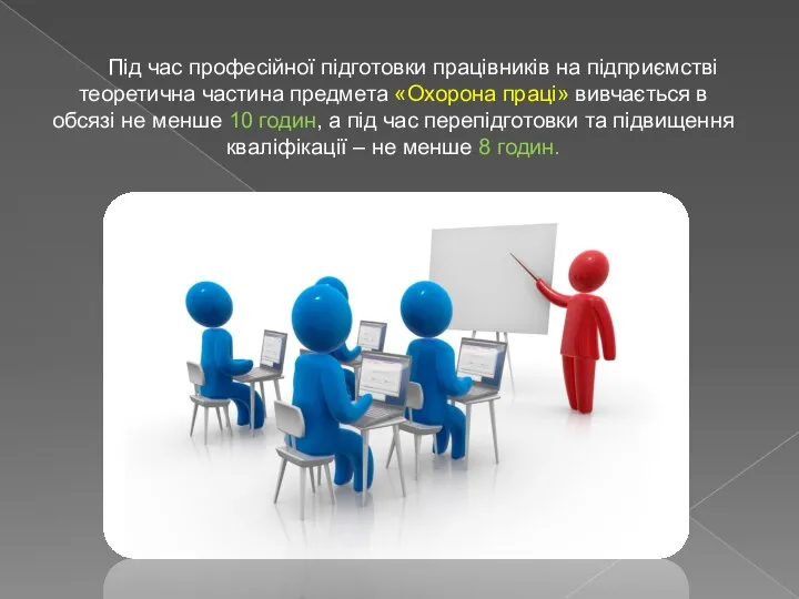 Під час професійної підготовки працівників на підприємстві теоретична частина предмета «Охорона