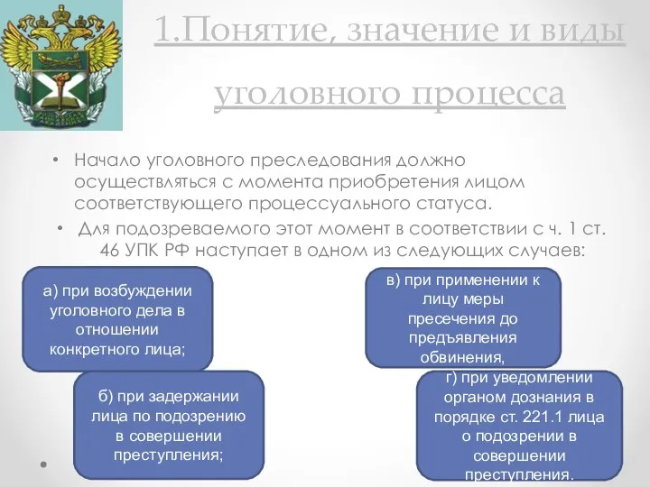 1.Понятие, значение и виды уголовного процесса Начало уголовного преследования должно осуществляться