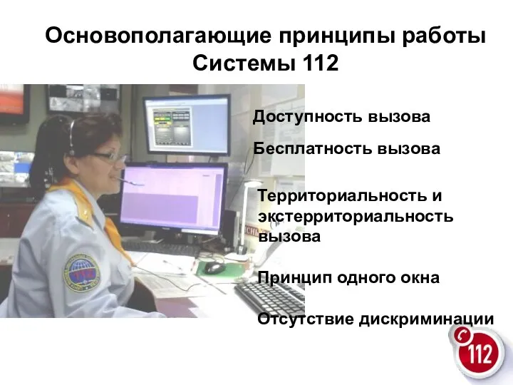 Основополагающие принципы работы Системы 112 Доступность вызова Бесплатность вызова Территориальность и