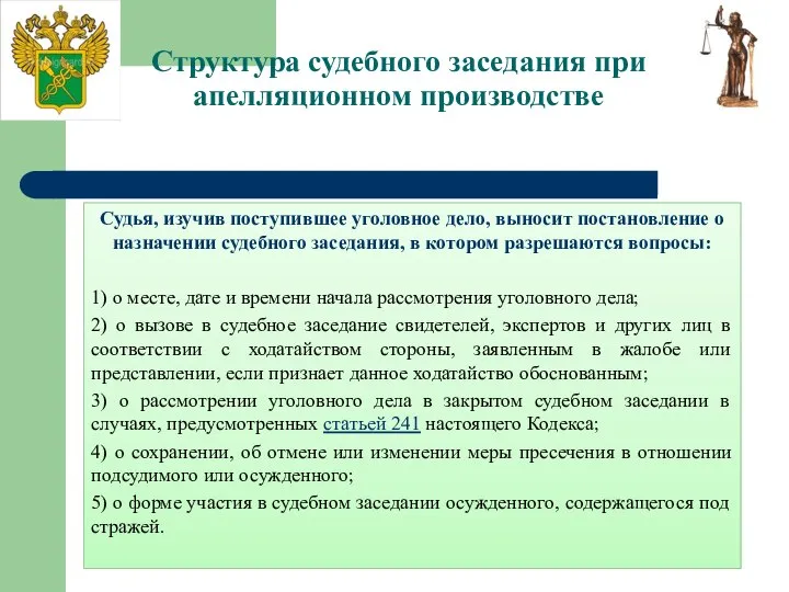 Структура судебного заседания при апелляционном производстве Судья, изучив поступившее уголовное дело,