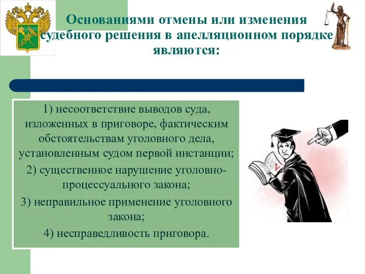 Основаниями отмены или изменения судебного решения в апелляционном порядке являются: 1)