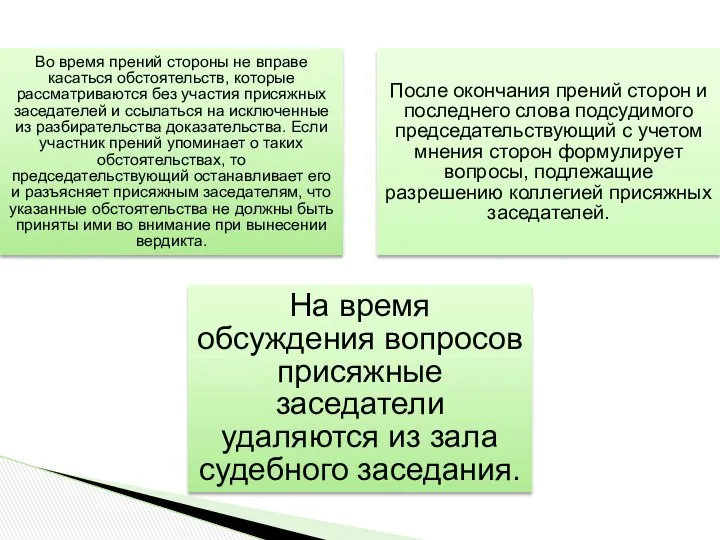 Во время прений стороны не вправе касаться обстоятельств, которые рассматриваются без