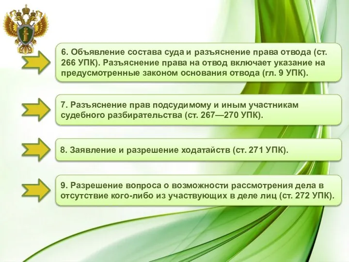 6. Объявление состава суда и разъяснение права отвода (ст. 266 УПК).