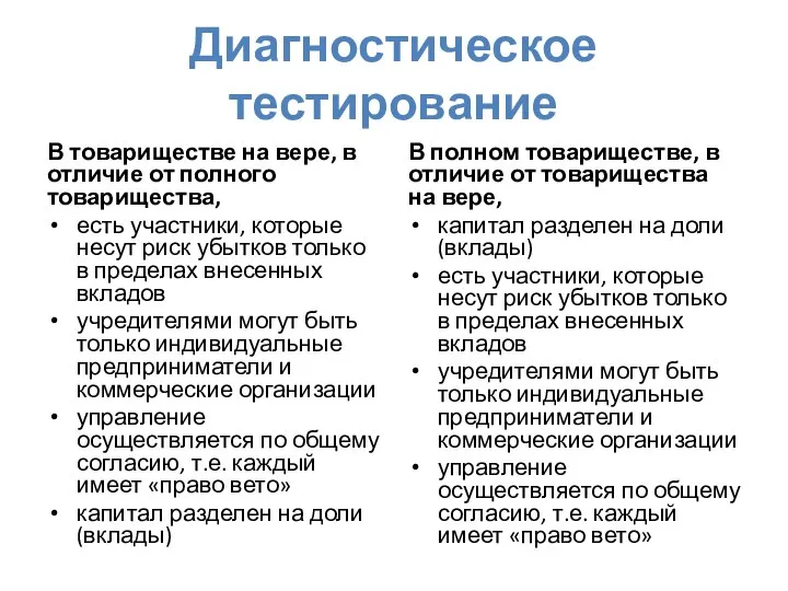 Диагностическое тестирование В товариществе на вере, в отличие от полного товарищества,