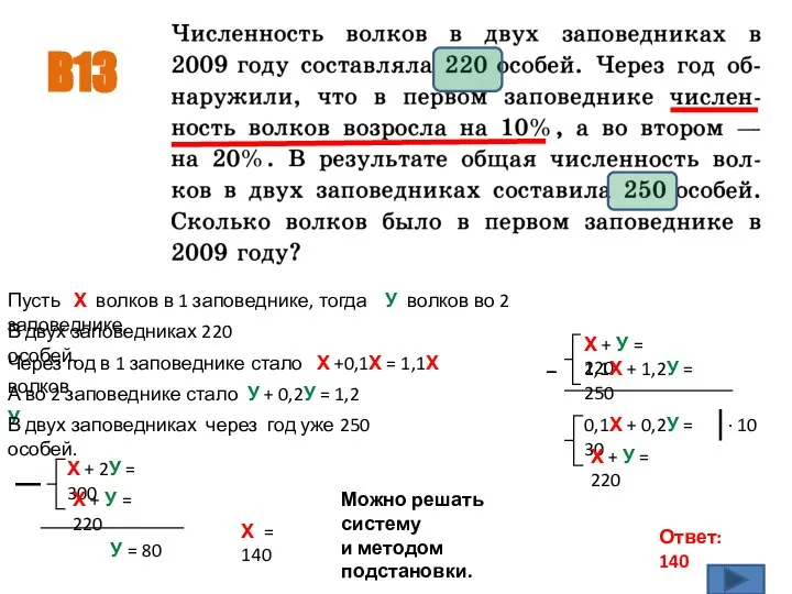 B13 Ответ: 140 Пусть Х волков в 1 заповеднике, тогда У