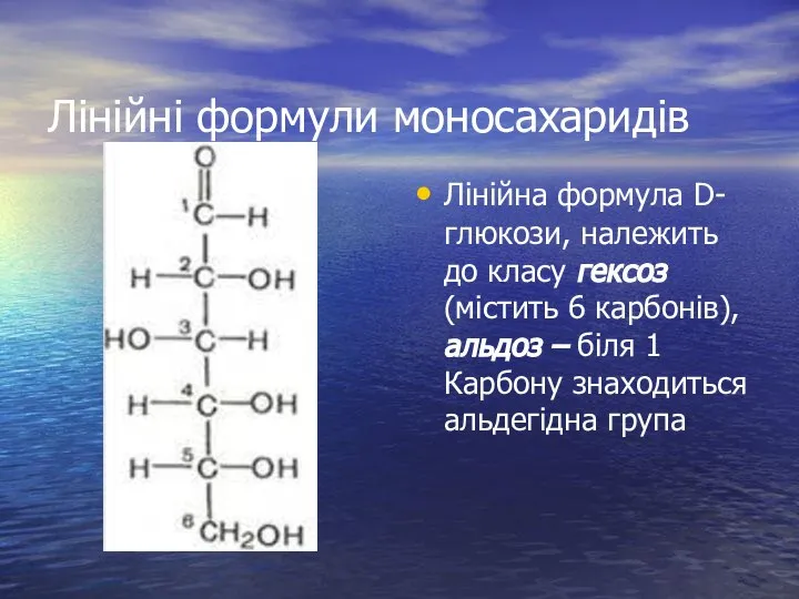 Лінійні формули моносахаридів Лінійна формула D-глюкози, належить до класу гексоз (містить