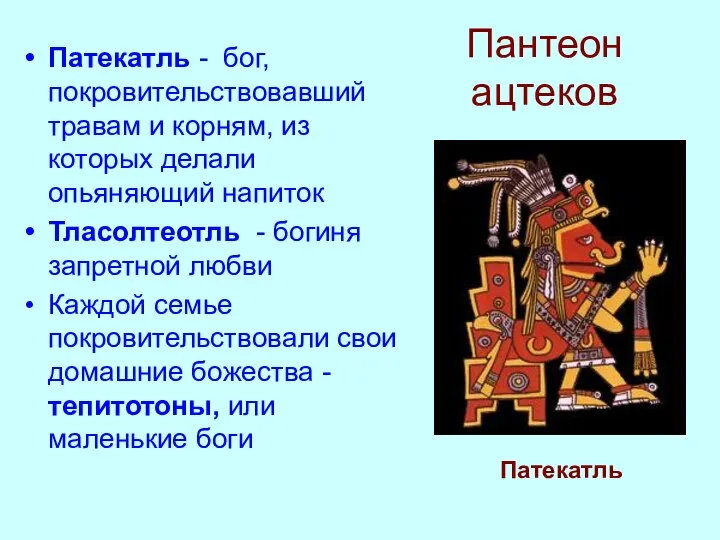 Пантеон ацтеков Патекатль - бог, покровительствовавший травам и корням, из которых