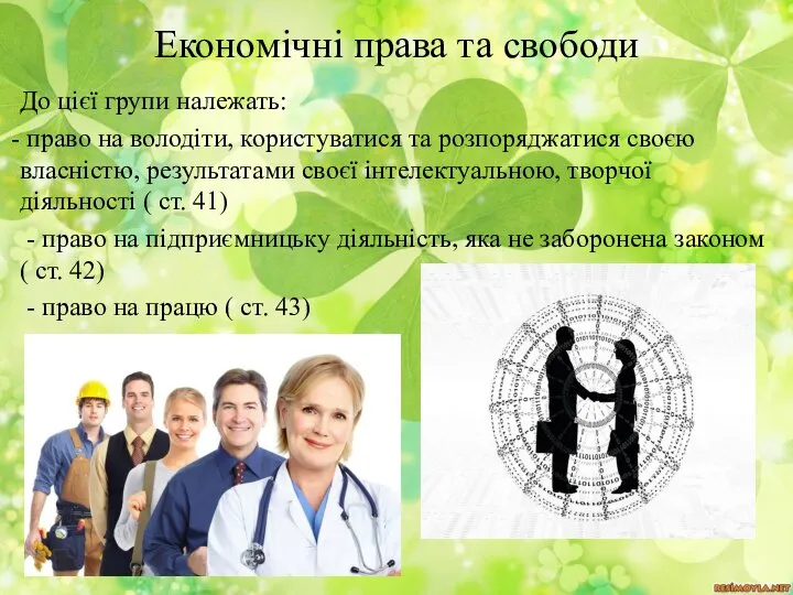 Економічні права та свободи До цієї групи належать: право на володіти,