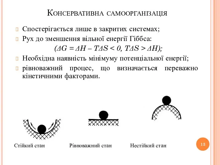 Консервативна самоорганізація Спостерігається лише в закритих системах; Рух до зменшення вільної