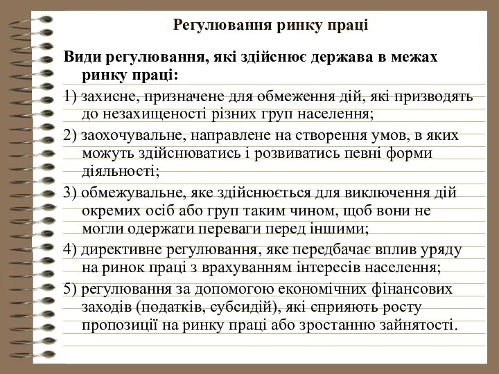 Регулювання ринку праці Види регулювання, які здійснює держава в межах ринку