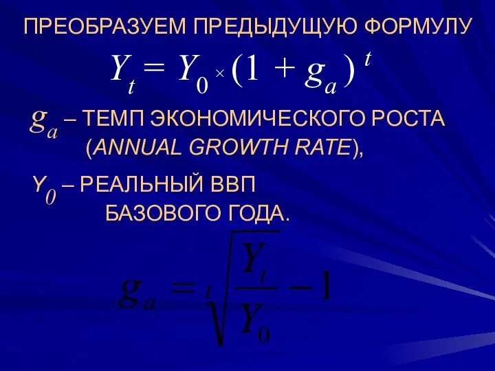 ПРЕОБРАЗУЕМ ПРЕДЫДУЩУЮ ФОРМУЛУ Yt = Y0 × (1 + ga )