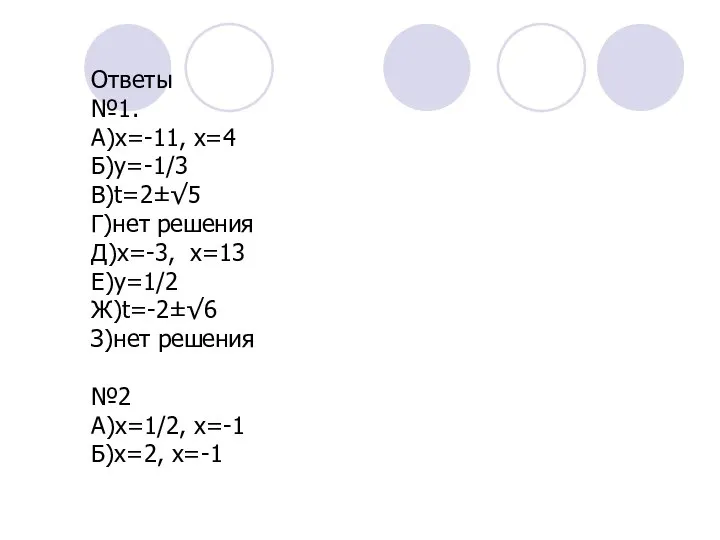 Ответы №1. А)х=-11, х=4 Б)y=-1/3 В)t=2±√5 Г)нет решения Д)х=-3, х=13 Е)у=1/2