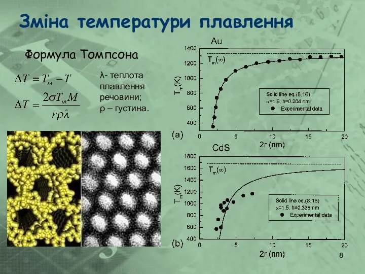 Зміна температури плавлення Формула Томпсона λ- теплота плавлення речовини; ρ – густина.