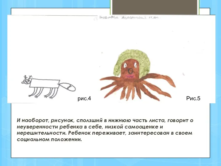 И наоборот, рисунок, сползший в нижнюю часть листа, говорит о неуверенности