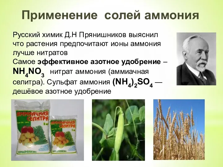 Применение солей аммония Русский химик Д.Н Прянишников выяснил что растения предпочитают