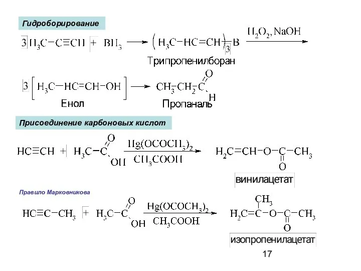 Гидроборирование Присоединение карбоновых кислот Правило Марковникова