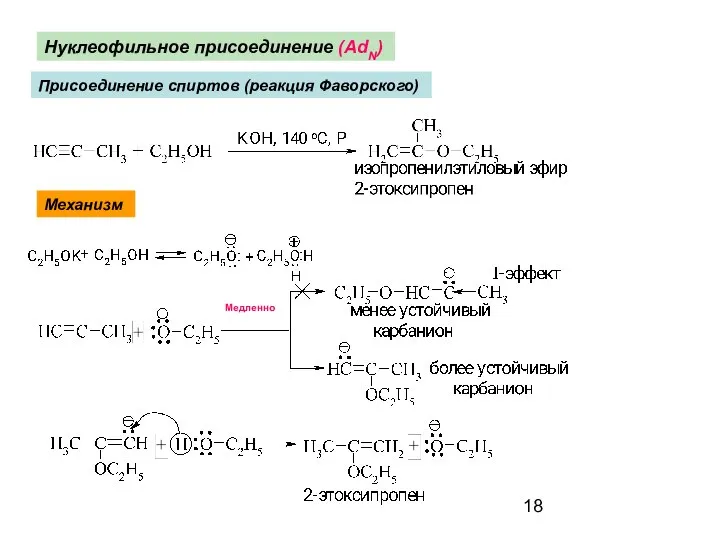 Нуклеофильное присоединение (AdN) Присоединение спиртов (реакция Фаворского) Механизм Медленно