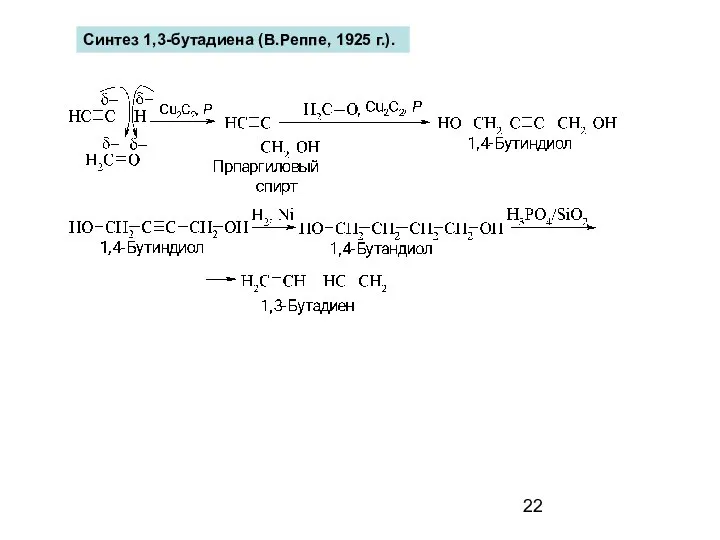 Синтез 1,3-бутадиена (В.Реппе, 1925 г.).