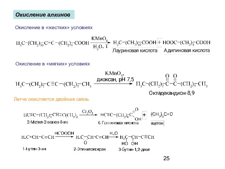 Окисление алкинов Окисление в «жестких» условиях Окисление в «мягких» условиях Легче окисляется двойная связь