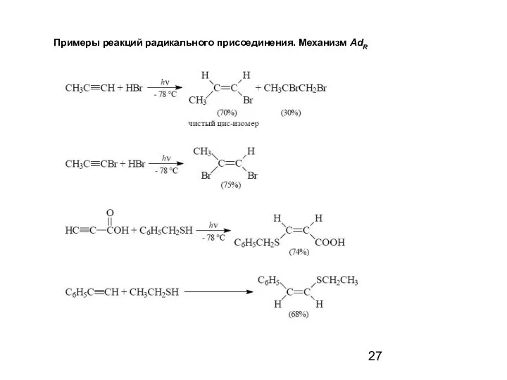 Примеры реакций радикального присоединения. Механизм AdR