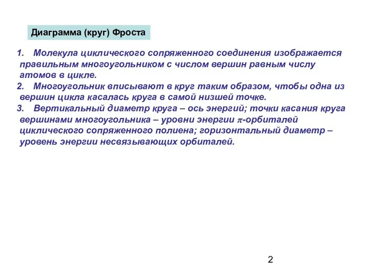 Диаграмма (круг) Фроста Молекула циклического сопряженного соединения изображается правильным многоугольником с