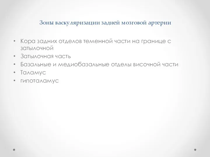 Зоны васкуляризации задней мозговой артерии Кора задних отделов теменной части на