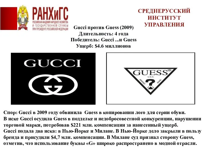 СРЕДНЕРУССКИЙ ИНСТИТУТ УПРАВЛЕНИЯ Gucci против Guess (2009) Длительность: 4 года Победитель: