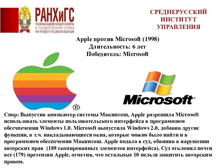 СРЕДНЕРУССКИЙ ИНСТИТУТ УПРАВЛЕНИЯ Apple против Microsoft (1998) Длительность: 6 лет Победитель: