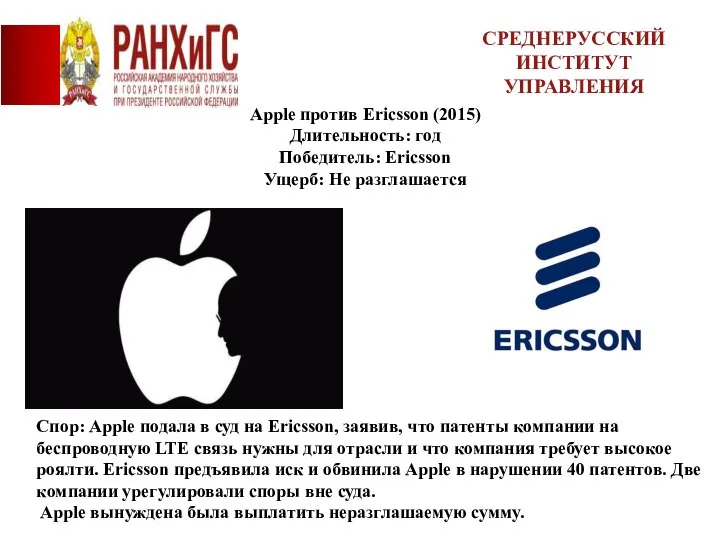 СРЕДНЕРУССКИЙ ИНСТИТУТ УПРАВЛЕНИЯ Apple против Ericsson (2015) Длительность: год Победитель: Ericsson