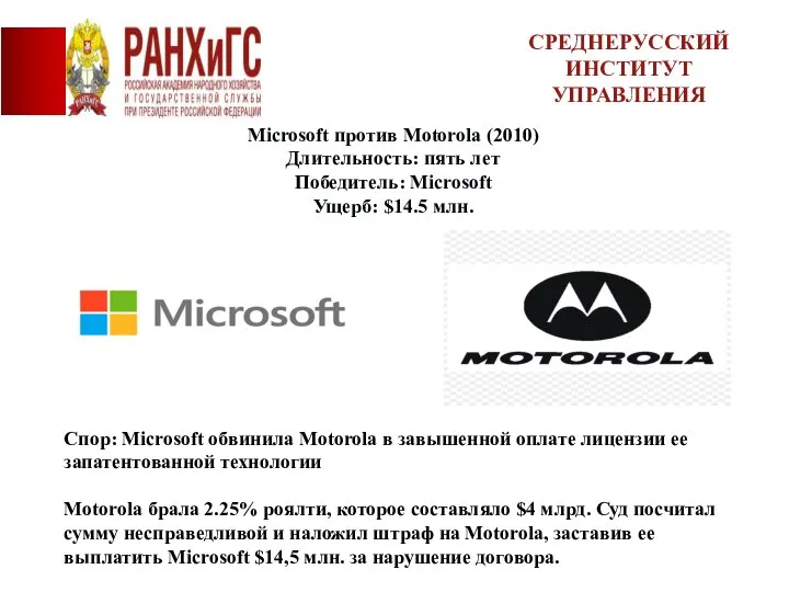 Microsoft против Motorola (2010) Длительность: пять лет Победитель: Microsoft Ущерб: $14.5