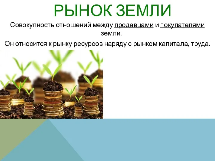 РЫНОК ЗЕМЛИ Совокупность отношений между продавцами и покупателями земли. Он относится